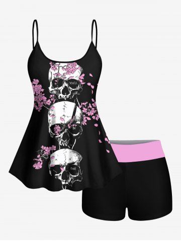 Plus Size Skull Floral Print Boyleg Tankini Swimsuit (Adjustable Shoulder Strap) - BLACK - S