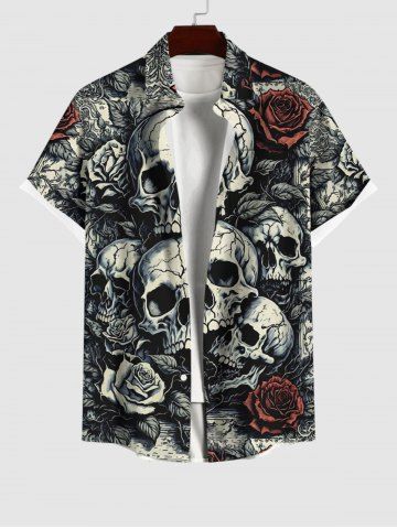 Plus Size Skulls Rose Flower Print Buttons Pocket Shirt For Men - BLACK - 4XL