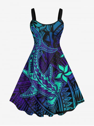 Plus Size Hammerhead Shark Floral Paisley Print Hawaii Tank Dress - MULTI-A - S