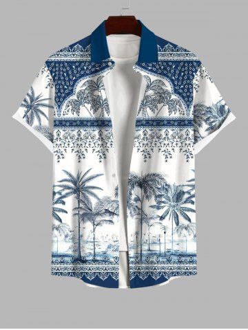 Plus Size Ethnic Tribal Pattern Coconut Tree Print Buttons Pocket Hawaii Shirt For Men - MULTI-A - XL