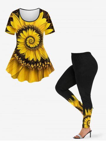 Oil Painting Sunflower Swirls Print T-shirt and Leggings Plus Size Matching Set - YELLOW