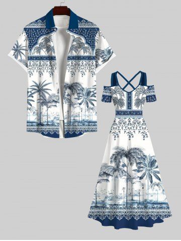 Ethnic Tribal Pattern Coconut Tree Print Plus Size Matching Hawaii Beach Outfit For Couples - MULTI-A