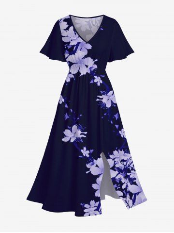 Plus Size Flowers Glitter 3D Print Pocket Hawaii Split Midi Dress - BLACK - S