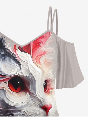 Plus Size Cold Shoulder Painting Cat Print Cami T-shirt