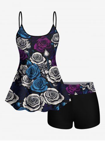 Plus Size Flower Print Boyleg Tankini Swimsuit (Adjustable Shoulder Strap) - BLACK - XS