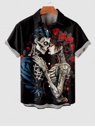 Plus Size Skeleton Lovers Rose Flower Print Button Pocket Shirt For Men -  