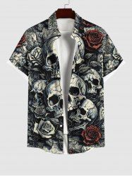 Plus Size Skulls Rose Flower Print Buttons Pocket Shirt For Men -  