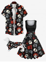 Skulls Hat Bowknot Rose Flowers Print Dog and Owner Matching Outfits -  