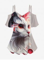 Plus Size Cold Shoulder Painting Cat Print Cami T-shirt -  