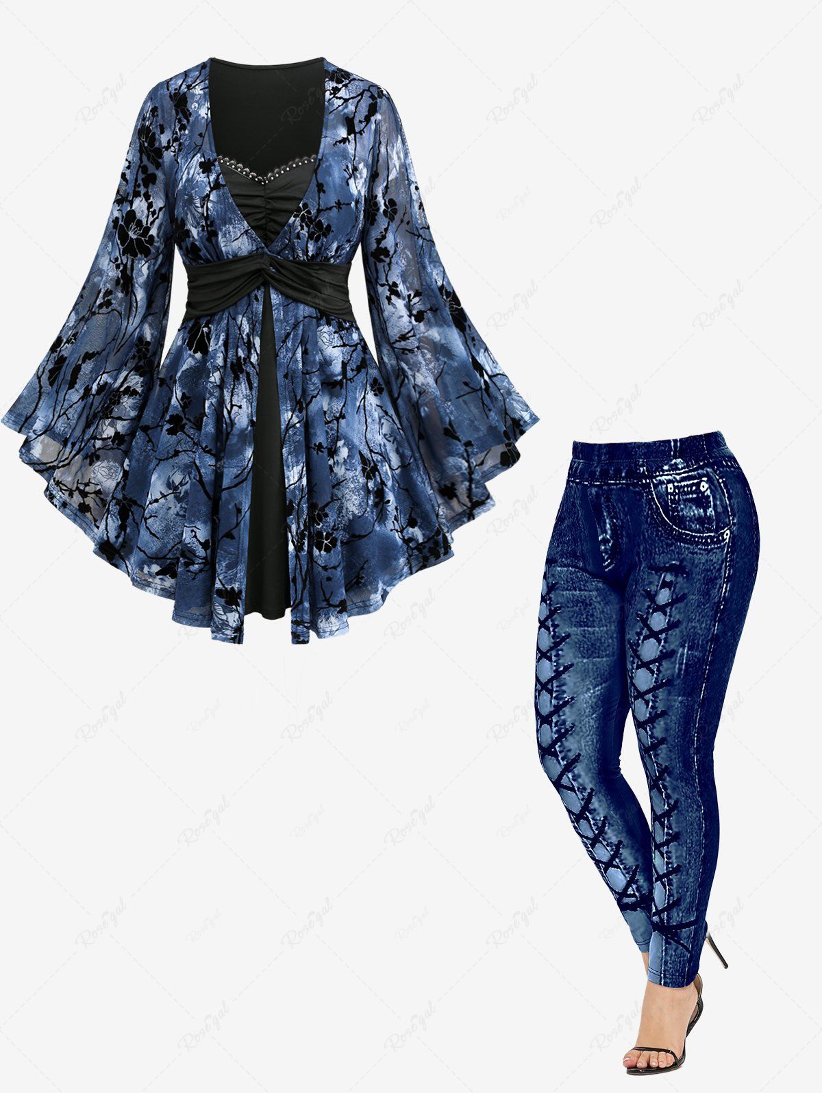 Cheap Flower Flocking Rivet Lace Trim Ruched Twist Bell Sleeve 2 In 1 Top and Leggings Plus Size Summer Outfit  