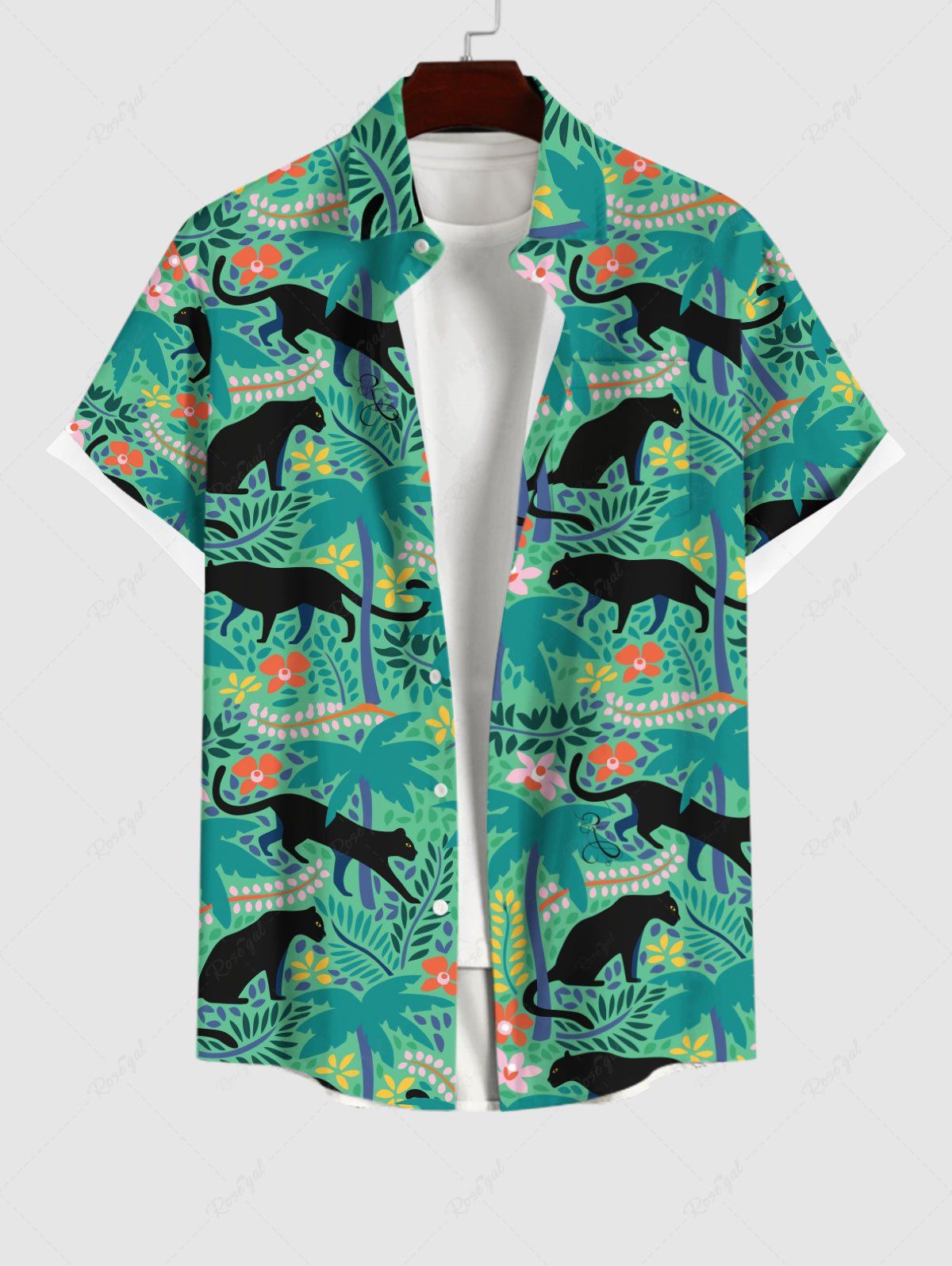 Cheap Plus Size Tropical Leaf Flower Leopard Print Buttons Pocket Hawaii Shirt For Men  