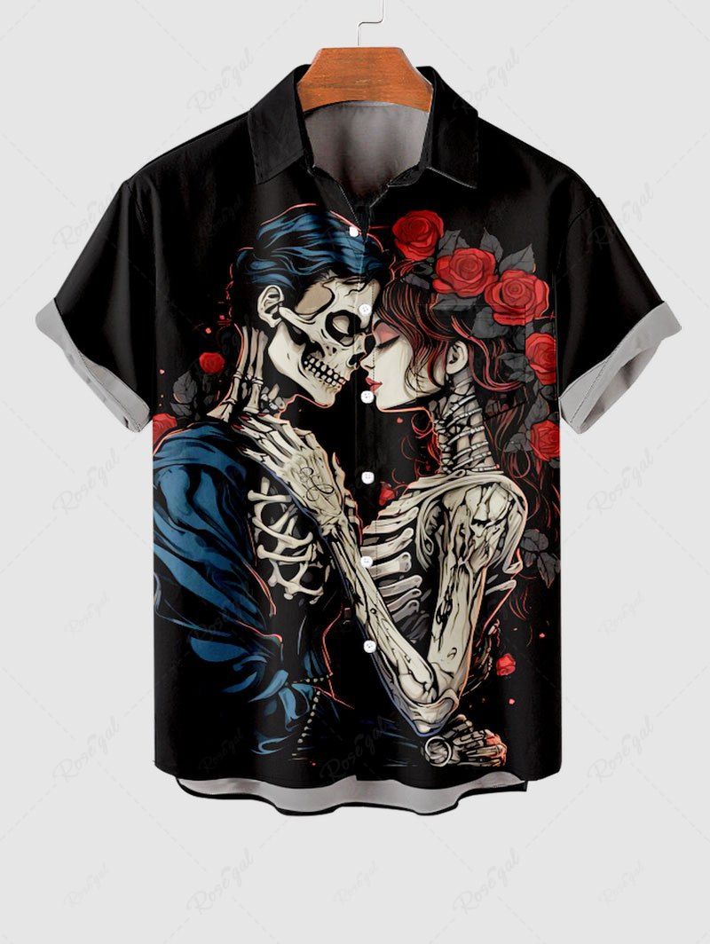 Discount Plus Size Skeleton Lovers Rose Flower Print Button Pocket Shirt For Men  