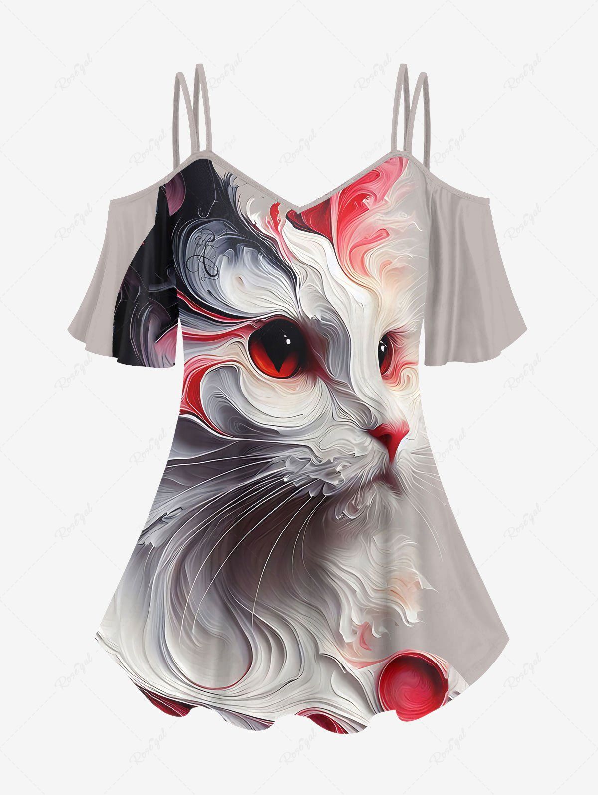 New Plus Size Cold Shoulder Painting Cat Print Cami T-shirt  