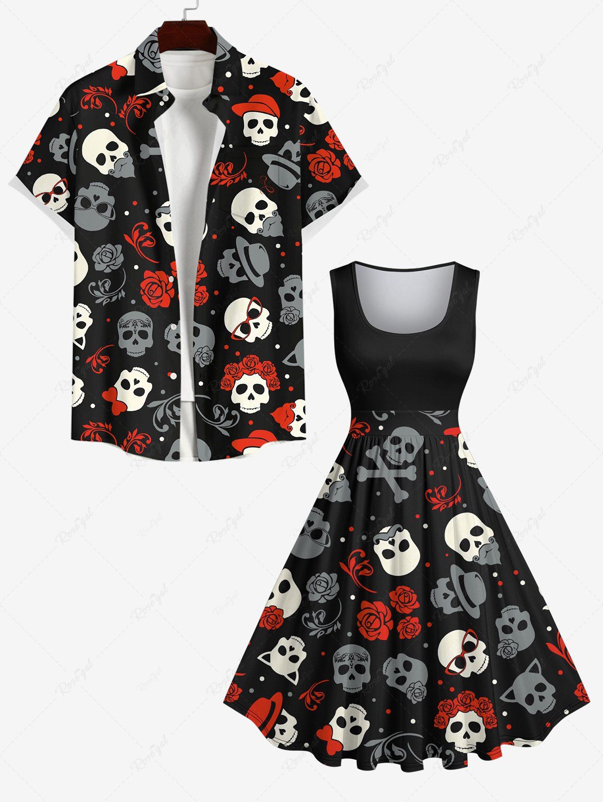 Best Skulls Hat Bowknot Rose Flowers Print Plus Size Matching Outfit For Couples  
