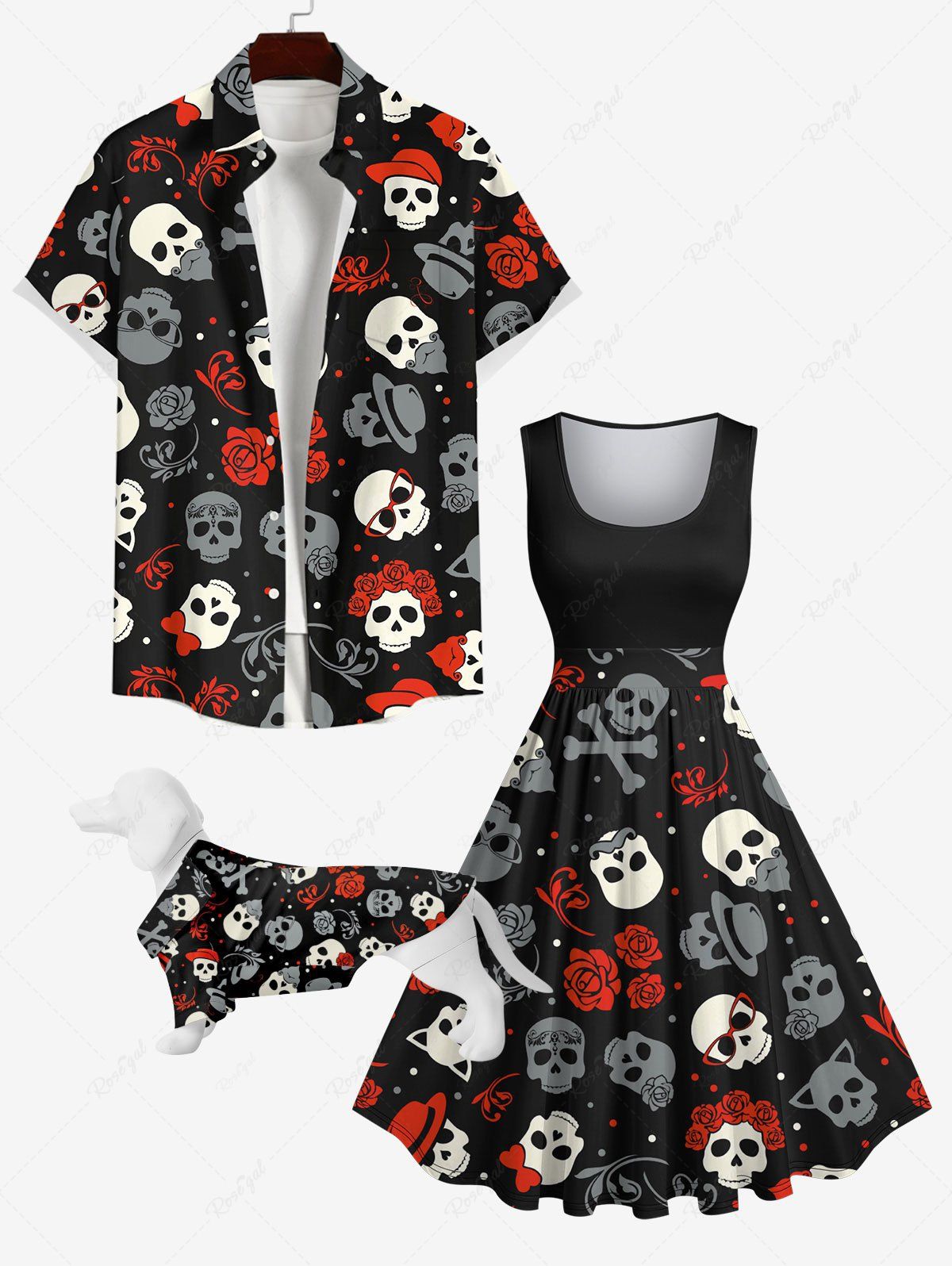 Store Skulls Hat Bowknot Rose Flowers Print Dog and Owner Matching Outfits  