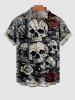Plus Size Skulls Rose Flower Print Buttons Pocket Shirt For Men -  