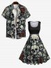 Plus Size Skulls Rose Flower Print Buttons Pocket Shirt For Men -  