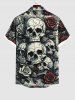 Plus Size Skulls Rose Flower Print Buttons Pocket Shirt For Men -  