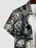 Plus Size Skulls Rose Flower Print Buttons Pocket Shirt For Men -  