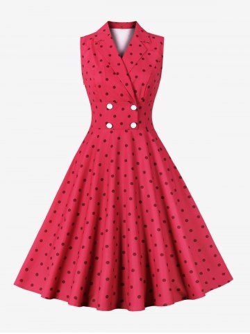 Polka Dot Print Buttons Turn Down Collar Surplice Tank Vintage Dress - RED - S