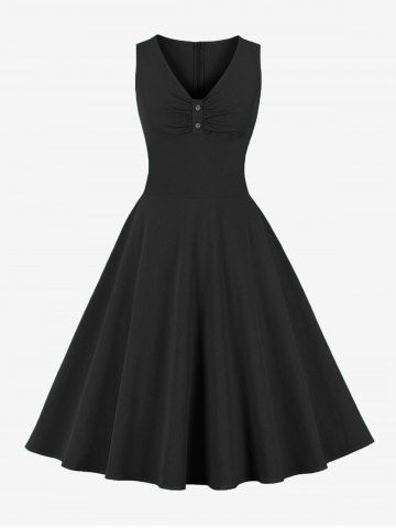 Buttons Ruched Panel Zipper Back Vintage Dress - BLACK - S