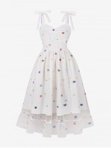 Star Embroidery Sparkling Sequin Mesh Tie Bowknot Ruched Vintage Dress - WHITE - S