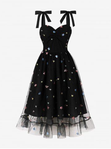 Star Embroidery Sparkling Sequin Mesh Tie Bowknot Ruched Vintage Dress - BLACK - S