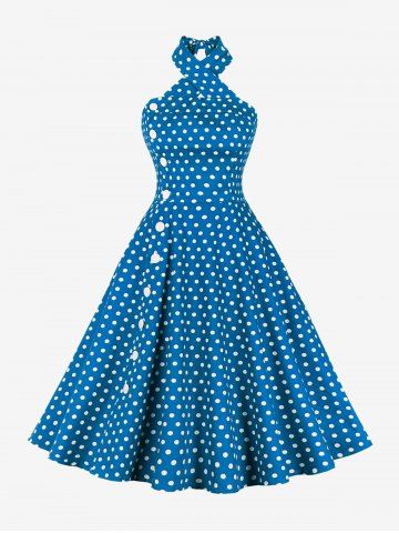 Polka Dots Print Buttons Halter Ruched Back Vintage Dress - BLUE - S