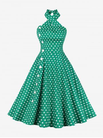 Polka Dots Print Buttons Halter Ruched Back Vintage Dress - GREEN - S