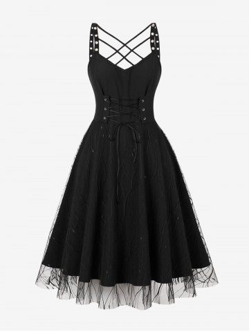 Lace Up Grommets Lattice Crisscross Mesh Layered Backless Vintage Dress - BLACK - S