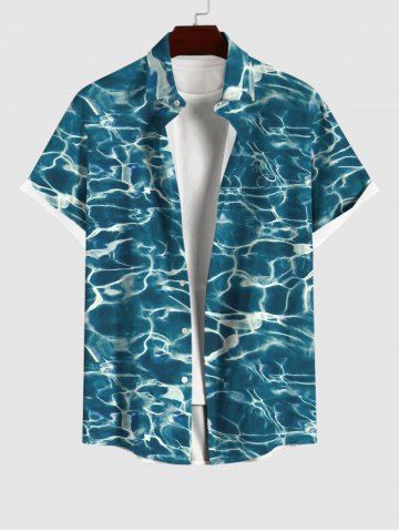 Plus Size Blue Aqua Sea Water Surface Floral Print Buttons Pocket Summer Hawaii Shirt For Men - GREEN - 4XL