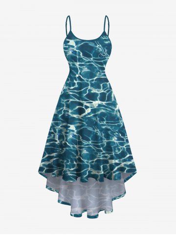 Plus Size Blue Aqua Sea Water Surface Floral Print Summer Hawaii High Low Dress - GREEN - L