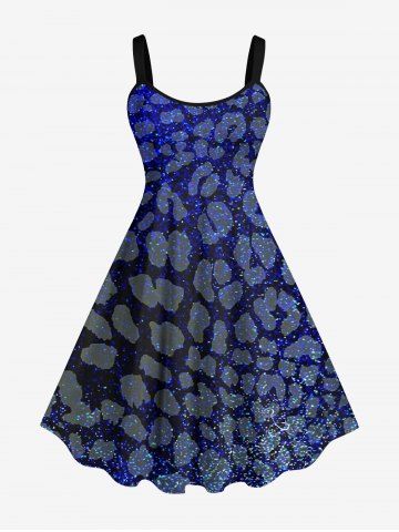 Plus Size Leopard Colorblock Glitter Galaxy Print A Line Tank Dress - BLUE - 2X