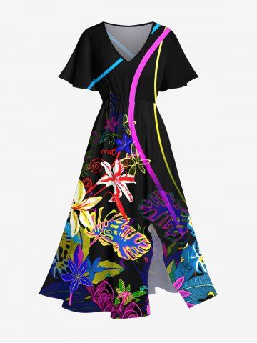 Plus Size Tropical Leaves Floral Light Beam Print Hawaii Split Pocket A Line Midi Dress - BLACK - L