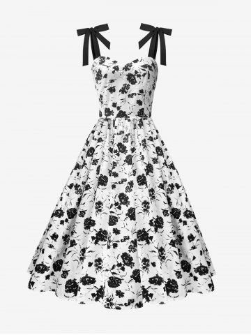 Two Tone Rose Flower Print Bowknot Tie Ruched Back Vintage Dress - WHITE - S