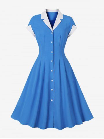 Ruched Button Down Turn Down Collar Vintage Dress - BLUE - S