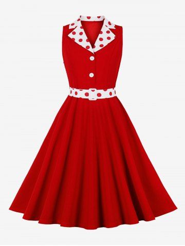 Polka Dot Print Turn Down Collar Buttons Vintage Dress With Belt - RED - S