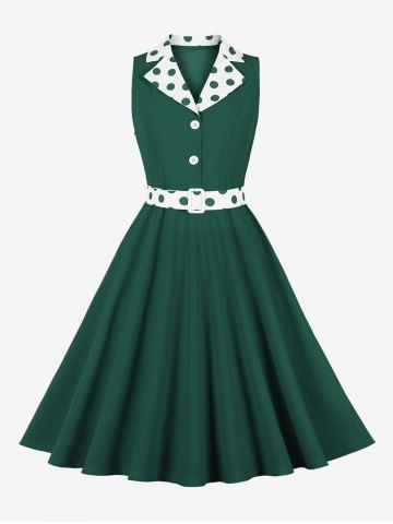 Polka Dot Print Turn Down Collar Buttons Vintage Dress With Belt - GREEN - S