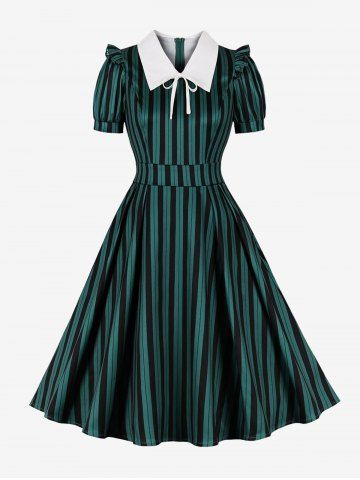 Stripes Print Puff Sleeve Ruffles Shoulder Flat Collar Zipper Vintage Dress - GREEN - S