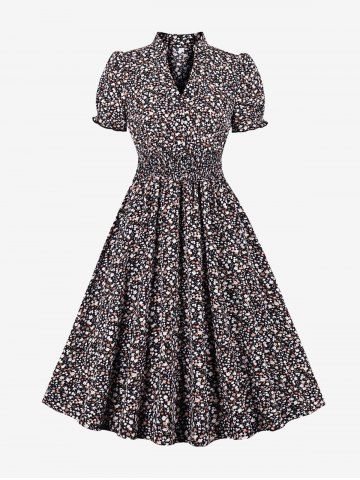 Flowers Print Ruched Waist Buttons Vintage Dress - BLACK - S