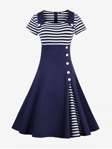 Stripe Print Patchwork Buttons Zipper Square Collar Vintage Dress - DEEP BLUE - S