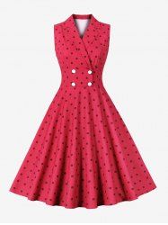 Polka Dot Print Buttons Turn Down Collar Surplice Tank Vintage Dress -  