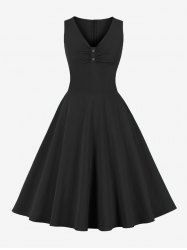 Buttons Ruched Panel Zipper Back Vintage Dress -  