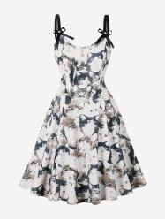 Two Tone Rose Flower Print Tie Bowlknot Ruched Back Vintage Dress -  