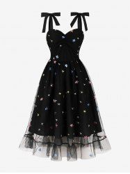 Star Embroidery Sparkling Sequin Mesh Tie Bowknot Ruched Vintage Dress -  
