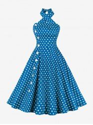 Polka Dots Print Buttons Halter Ruched Back Vintage Dress -  