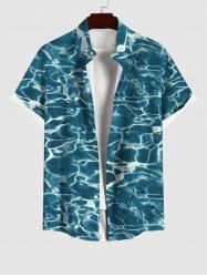 Plus Size Blue Aqua Sea Water Surface Floral Print Buttons Pocket Summer Hawaii Shirt For Men -  