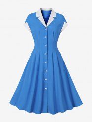Ruched Button Down Turn Down Collar Vintage Dress -  