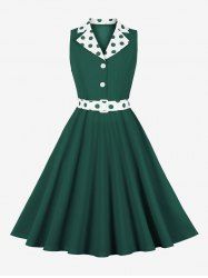 Polka Dot Print Turn Down Collar Buttons Vintage Dress With Belt -  