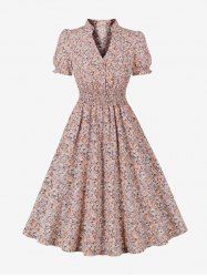 Flowers Print Ruched Waist Buttons Vintage Dress -  